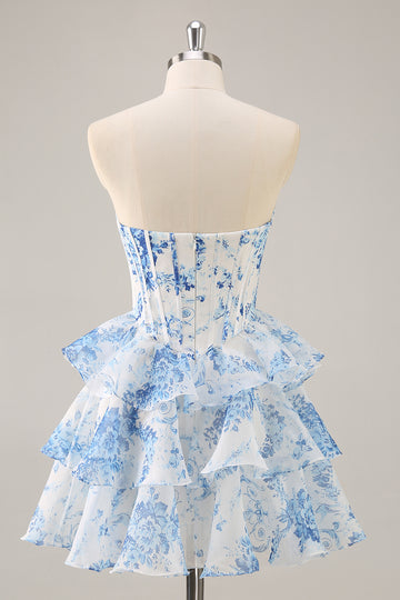 White Blue Flower A-Line Cowl Neck Corset Tiered Strapless Mini Homecoming Dress